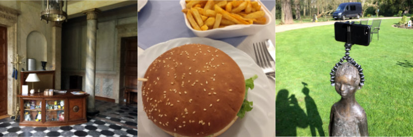 Collage: Eingangshalle Linuxhotel, Burger und Pommes, ein mit einem Gorillastativ auf eine Statue montiertes iPhones